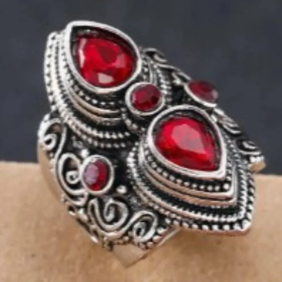 Unisex Ring Bohemian Ring Inlaid Red Cubic Zirconia Antique Engraving - Picture 2 of 6